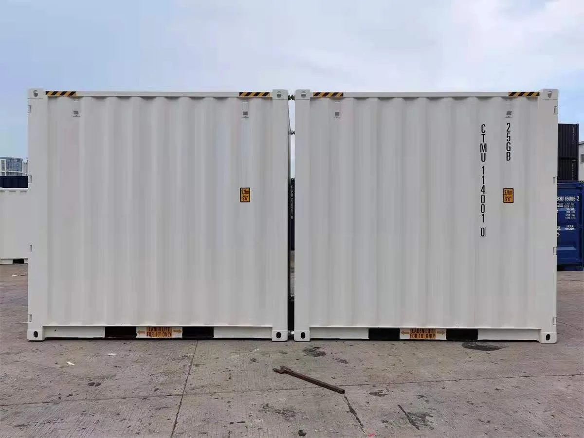 Two new white 10ft high cube containers side by side, showing the forklift pockets