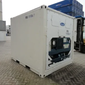 Used white 10ft high cube refrigerated container showing the built-in refrigeration unit