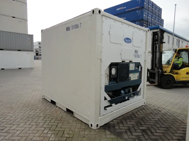 Used white 10ft high cube refrigerated container showing the built-in refrigeration unit