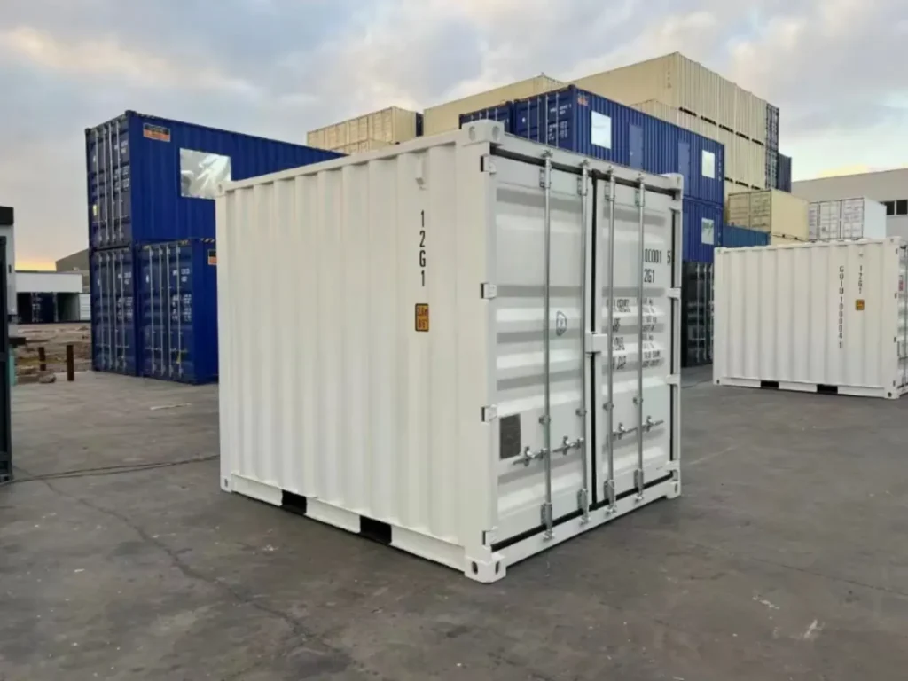 New white one trip 10ft shipping container viewed from the door-end corner