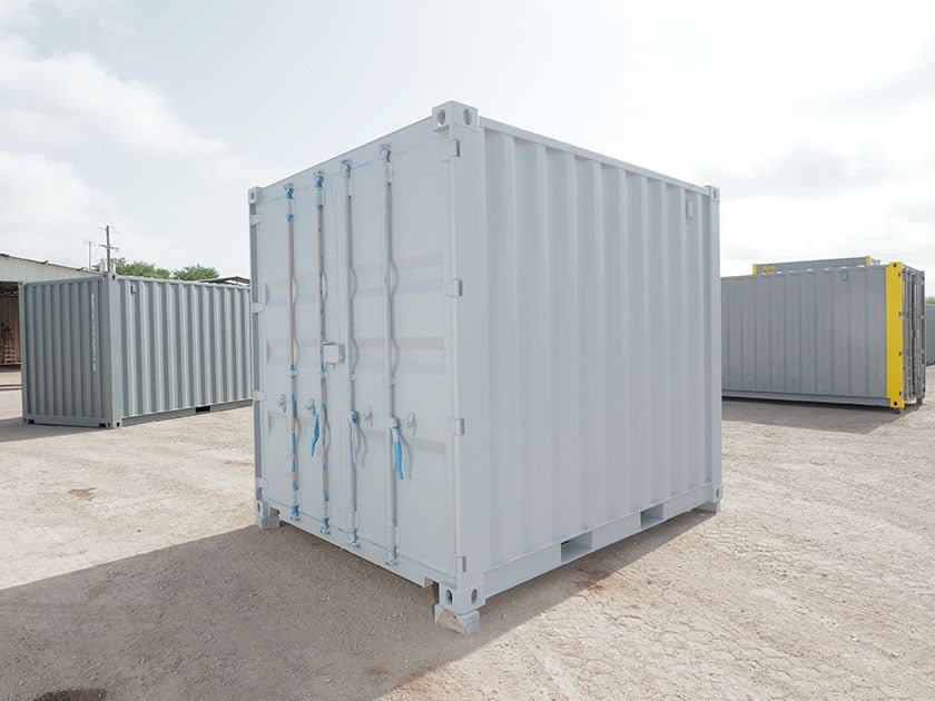 New light grey one trip 10ft standard container viewed from the right at the door end