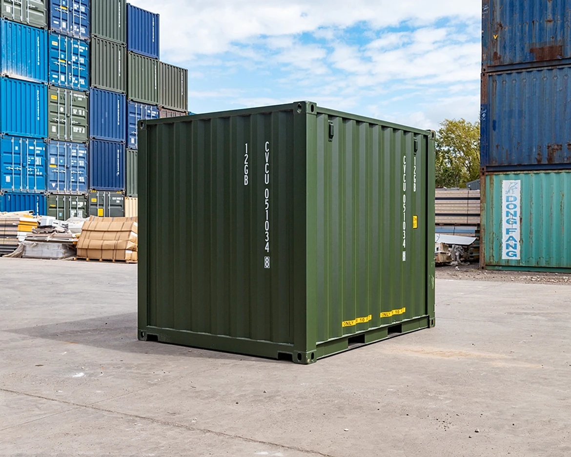 New green 10ft shipping container viewed from the side at an angle