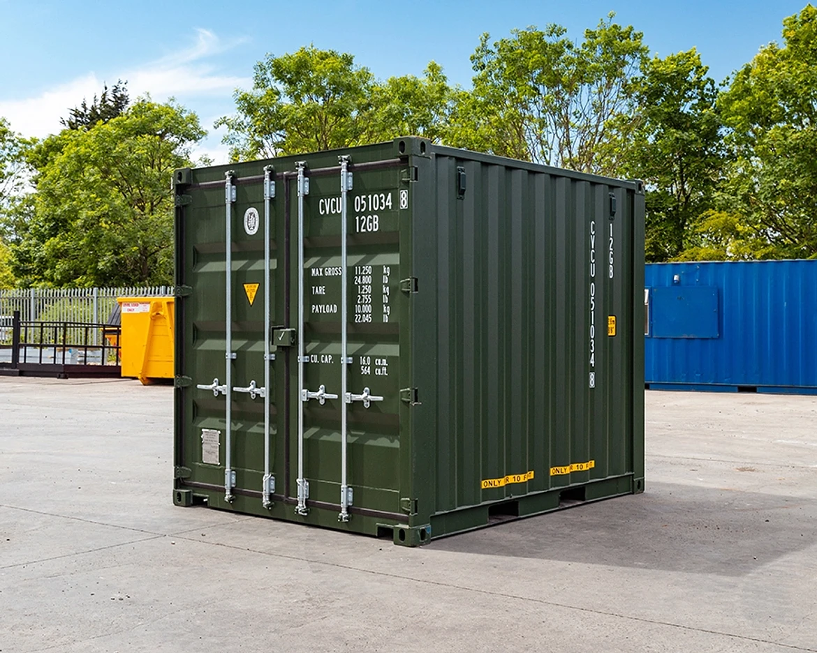 New green 10ft shipping container, three-quarter view showing the cargo doors and side