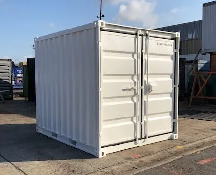 New light grey 10ft storage container with double doors closed and lockbox